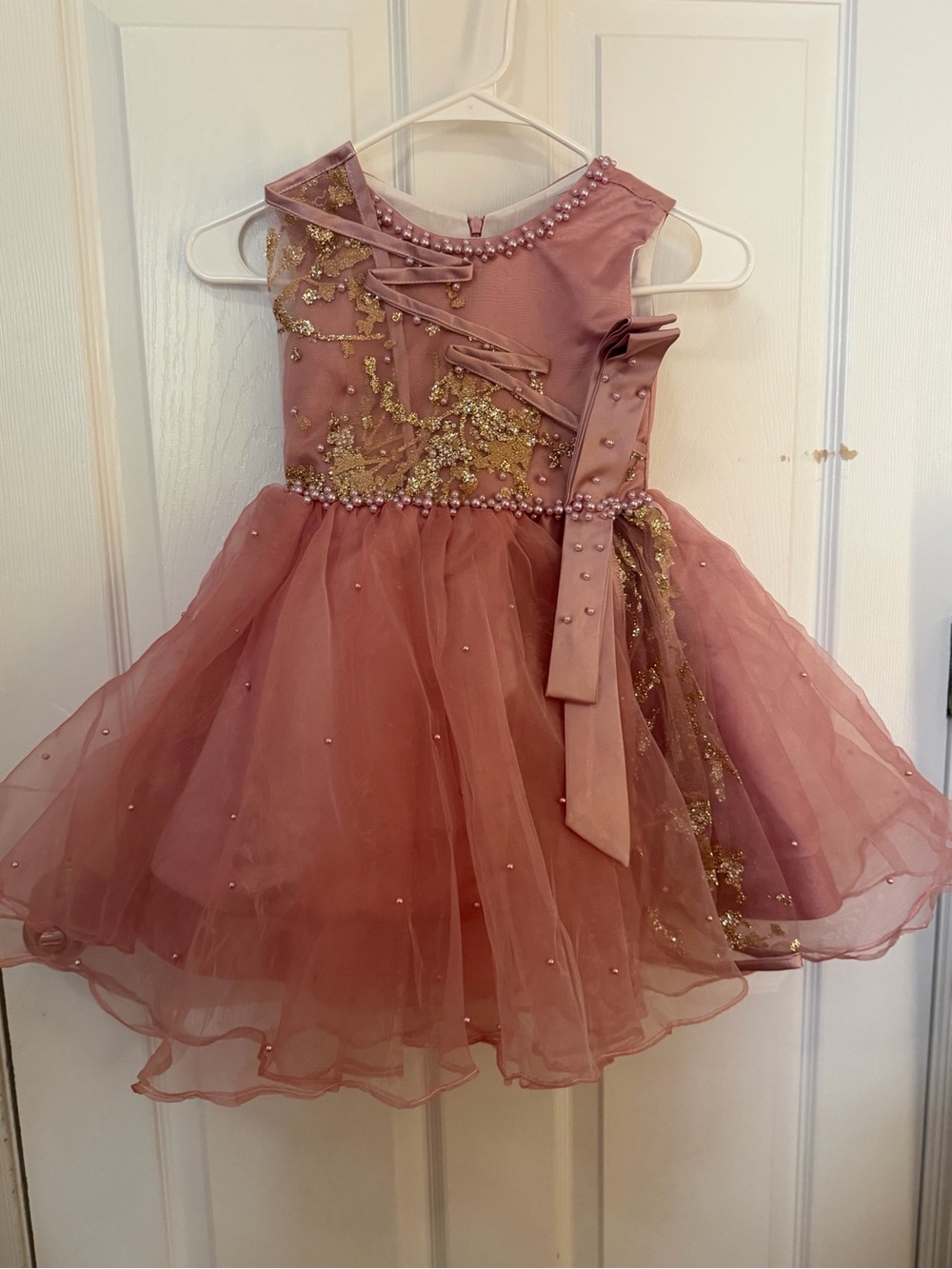 Dusty Rose Pearl & Gold Trim Girls' Party Dress